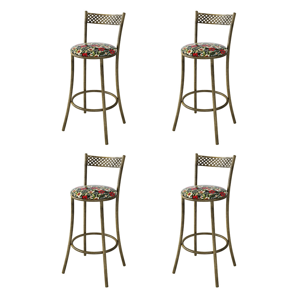 Kit 4 Banquetas Em Aço E Junco México Floral Hibisco Vermelho