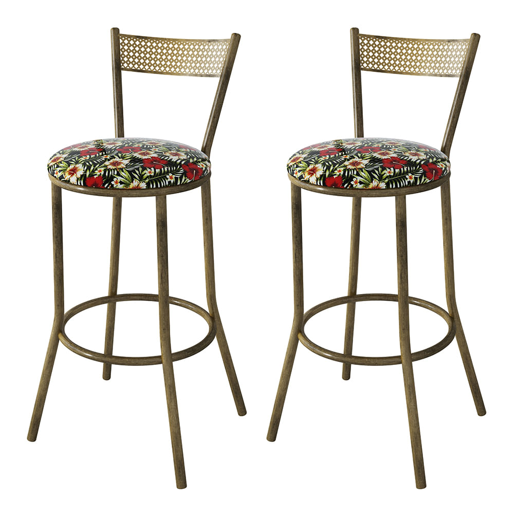 Kit 2 Banquetas Em Aço Sofia Floral Hibisco Vermelho