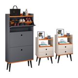 Kit Sapateira Vertical 3 Gavetas Basculantes Dark Cinza/cinamomo E 2 Mesinhas Canto Quarto Nicho Decorativo Dream Off White/cinamomo Rpm