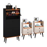 Kit Sapateira Vertical 3 Gavetas Basculantes Dark Preto/cinamomo E 2 Mesinhas Canto Quarto Nicho Decorativo Dream Off White /cinamomo Rpm