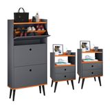 Kit Sapateira Vertical 3 Gavetas Basculantes Dark E 2 Mesinhas Canto Quarto Nicho Decorativo Dream Cinza/cinamomo- Rpm
