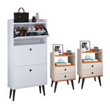 Kit Sapateira Vertical 3 Gavetas Basculantes Dark Branco E 2 Mesinhas Canto Quarto Nicho Decorativo Dream Off White/cinamomo Rpm