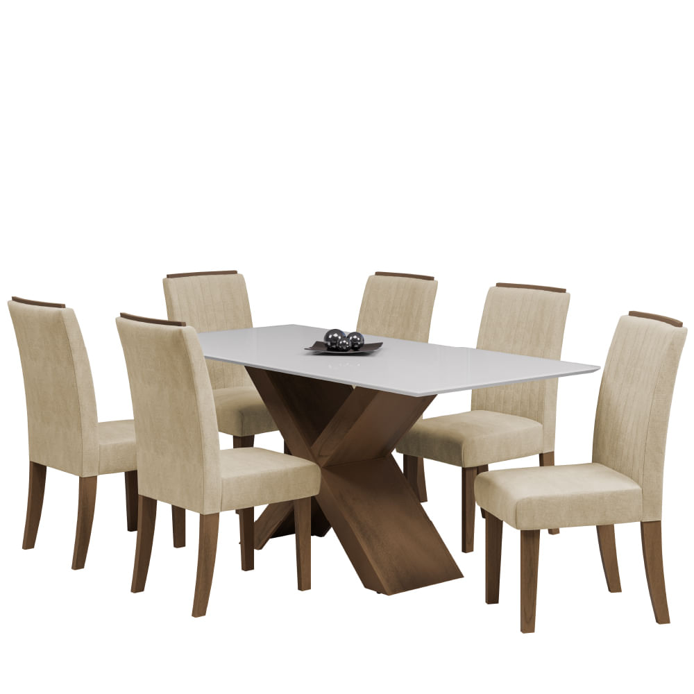 Conjunto De Mesa Sala De Jantar Tampo Com Vidro Grécia 6 Cadeiras Off White / Bege / Cedro 1,80m Dobuê