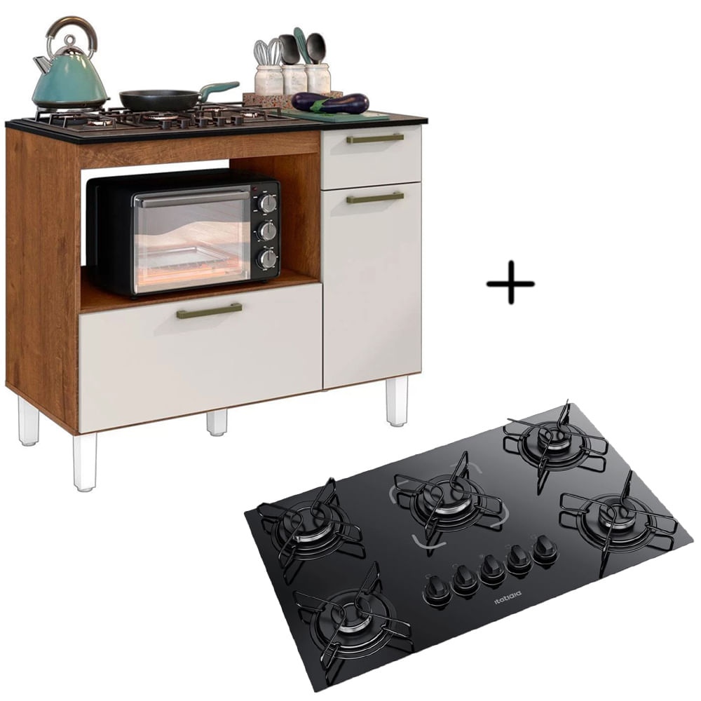 Kit Balcão Cooktop Itatiaia Com 2 Portas E 1 Gaveta E Fogão Cooktop 5 Bocas