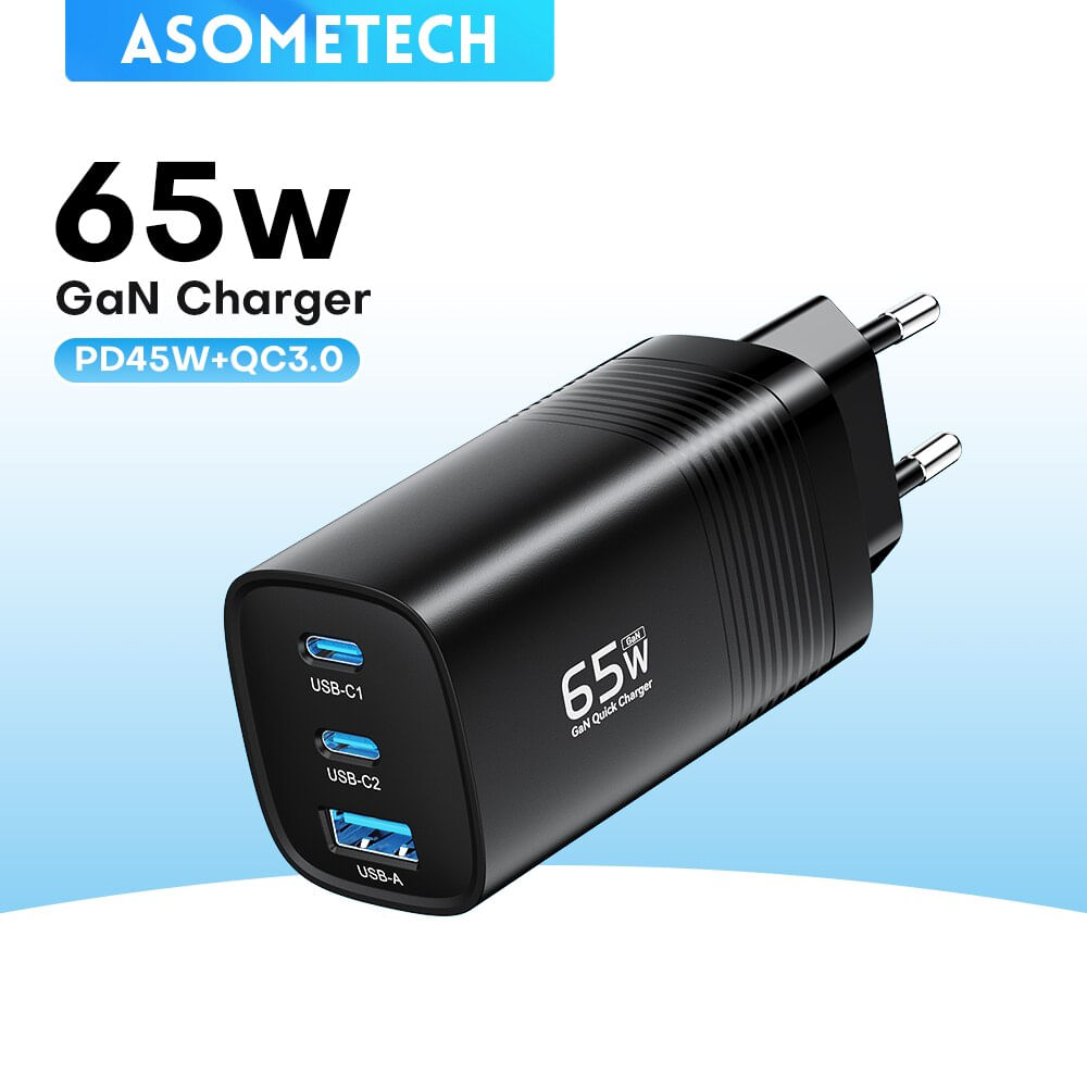 Asometech Gan Usb Tipo C Carregador 65w 45w Pps Pd Qc4.0 Rápido