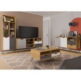 Conjunto Rack, Mesa De Centro, Estante E Buffet Estocolmo Artely Cor Carvalho/grafite/branco E Prata
