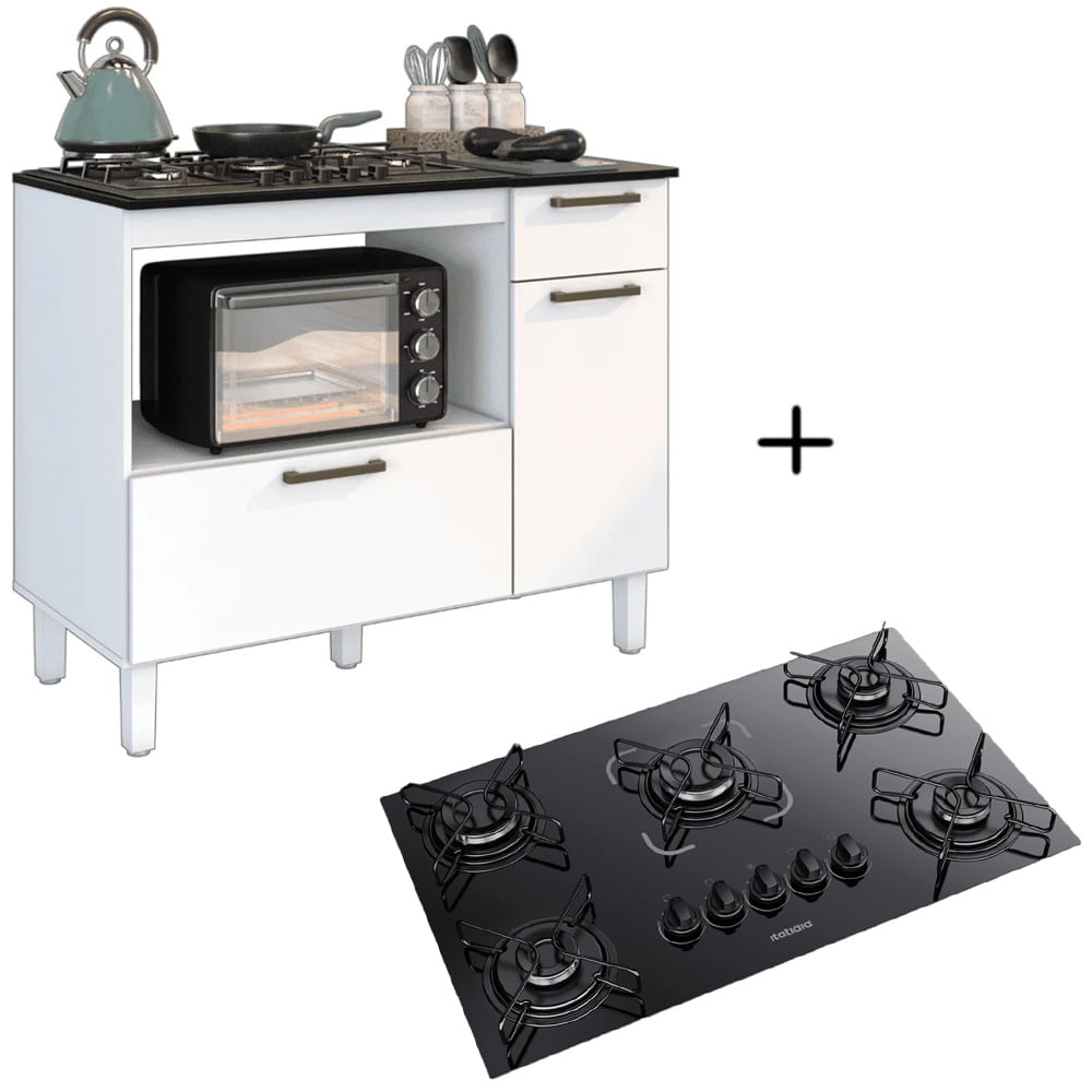 Kit Balcão Cooktop Itatiaia Com 2 Portas E 1 Gaveta E Fogão Cooktop 5 Bocas