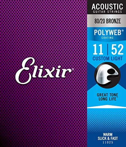 Elixir Strings 80/20 Bronze Cordas De Guitarra Acústica W Revestimento Polyweb, Luz Personalizada (.011-.052)