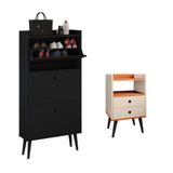 Kit Quarto Sapateira Vertical 3 Gavetas Basculantes Dark Preto E Mesinha Lateral Pequena Nicho Organizador Dream Off White/cinamomo  Rpm