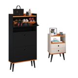 Kit Quarto Sapateira Vertical 3 Gavetas Basculantes Dark Preto/cinamomo E Mesinha Lateral Pequena Com Nicho Organizador Dream Off White/cinamomo  Rpm