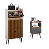 Kit Quarto Sapateira Vertical 3 Gavetas Basculantes Dark Off White/ripado E Mesinha Lateral Pequena Nicho Organizador Dream Cinza/cinamomo  Rpm