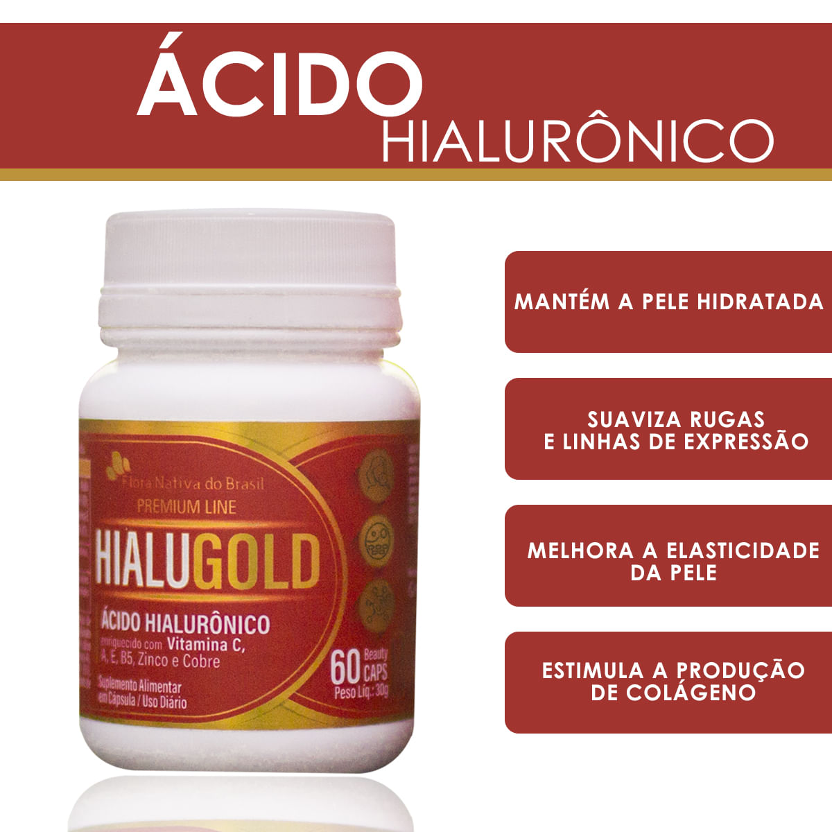 Ácido Hialurônico Hialugold Vitaminas E Minerais 60 Cápsulas