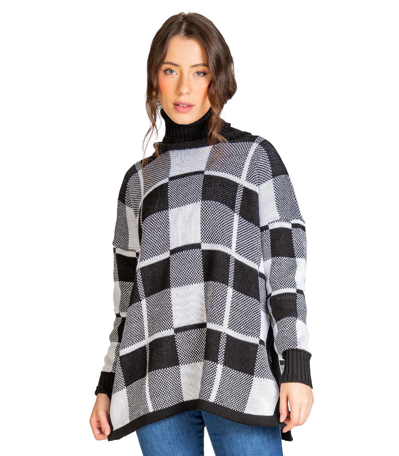 Poncho Xadrez Tricot Feminino Select Preto Un