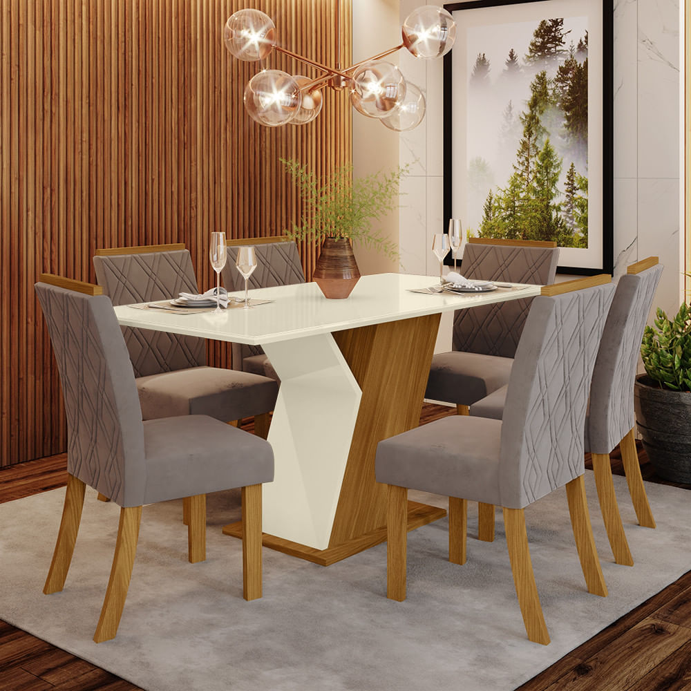 Conjunto Sala De Jantar Mesa 160cm Tampo Mdf Com Vidro 6 Cadeiras Lupita Casa 812