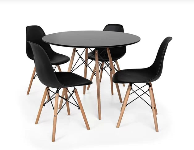 Mesa Redonda 90cm Com 4 Cadeiras Eames Eiffel Pés De Madeira Preta