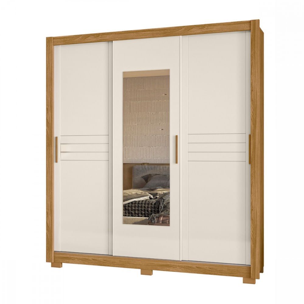 Guarda Roupa Casal Canada 3 Portas Correr Com Espelho Freijo Off White Moval
