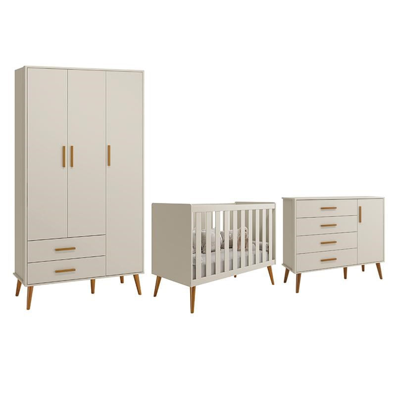 Dormitório Infantil Isis Guarda Roupa 3 Portas, Cômoda 1 Porta E Berço Areia - Reller Móveis