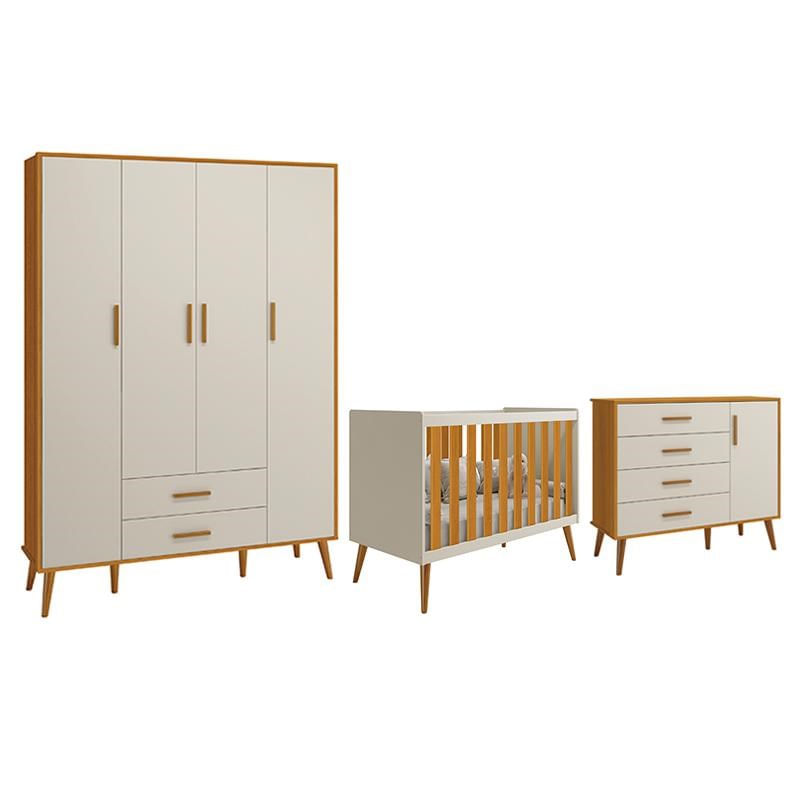 Dormitório Infantil Isis Guarda Roupa 4 Portas, Cômoda 1 Porta E Berço Areia/savana - Reller Móveis