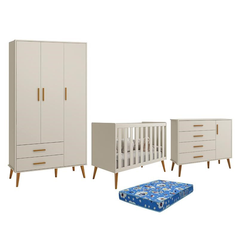 Dormitório Infantil Isis Guarda Roupa 3 Portas, Cômoda 1 Porta E Berço Areia Com Colchão - Reller Móveis