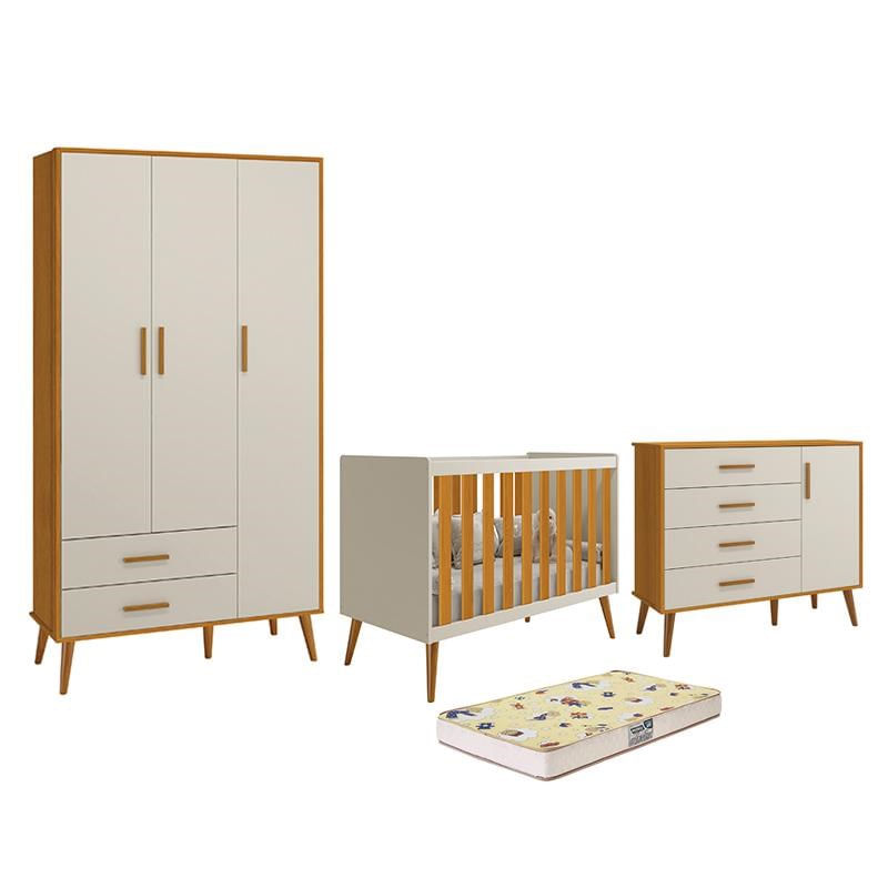 Dormitório Infantil Isis Guarda Roupa 3 Portas, Cômoda 1 Porta E Berço Areia/savana Com Colchão D18 - Reller Móveis
