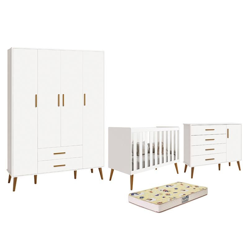 Dormitório Infantil Isis Guarda Roupa 4 Portas, Cômoda 1 Porta E Berço Branco Com Colchão D18 - Reller Móveis