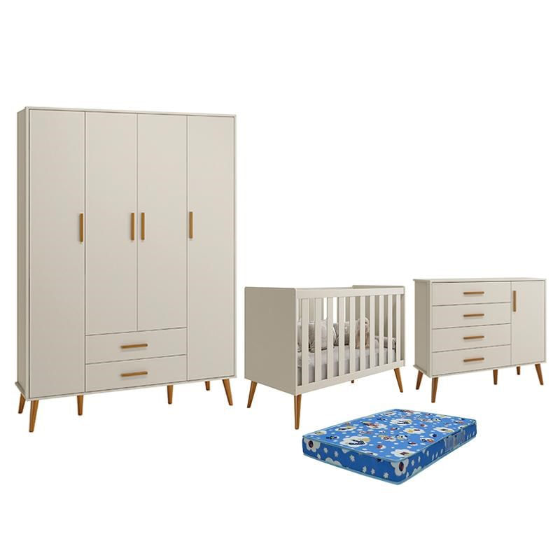 Dormitório Infantil Isis Guarda Roupa 4 Portas, Cômoda 1 Porta E Berço Areia Com Colchão - Reller Móveis