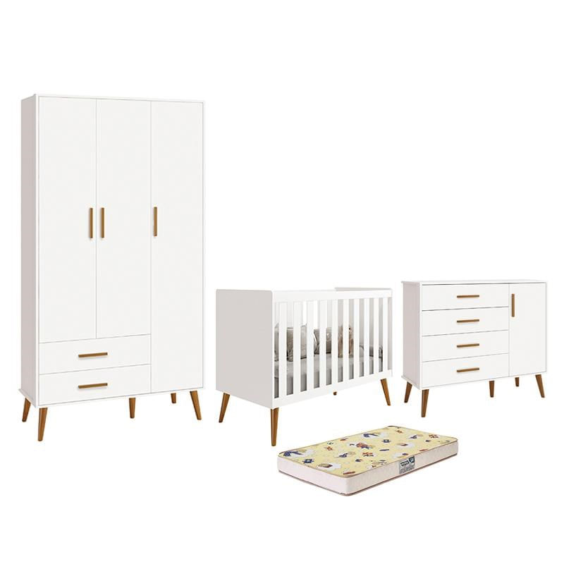Dormitório Infantil Isis Guarda Roupa 3 Portas, Cômoda 1 Porta E Berço Branco Com Colchão D18 - Reller Móveis