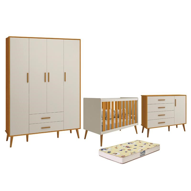 Dormitório Infantil Isis Guarda Roupa 4 Portas, Cômoda 1 Porta E Berço Areia/savana Com Colchão D18 - Reller Móveis