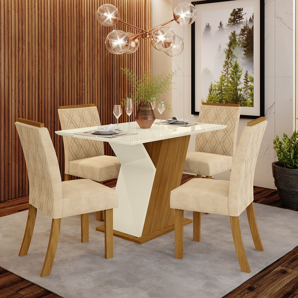 Conjunto Sala De Jantar Tampo Mdf Canto Reto Com Vidro 120 Cm 04 Cadeiras Lupita Casa 812