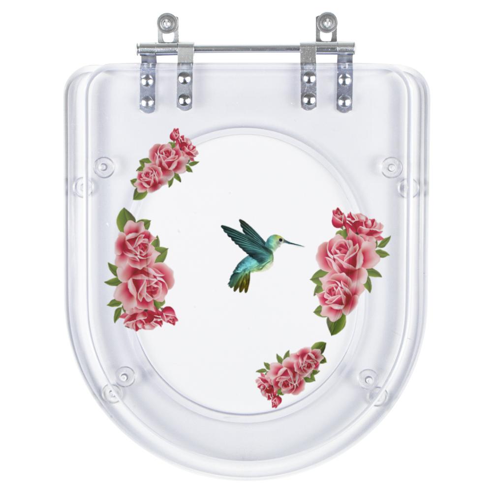 Assento Sanitário Tampa De Vaso Vogue Plus Transparente Decorado - Beija-flor Com Flores