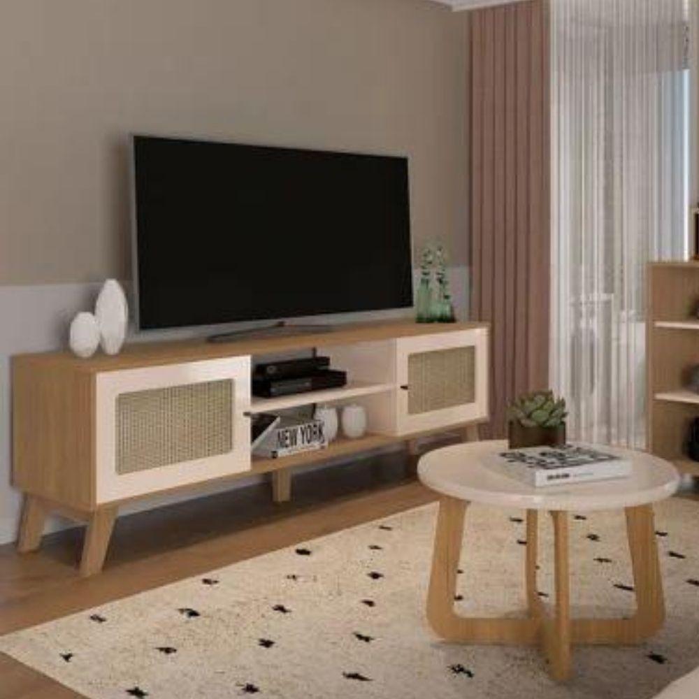 Conjunto Sala De Estar Até 75 Polegadas Com Rack E Mesa De Centro Charlotte Artely Off White/carvalho