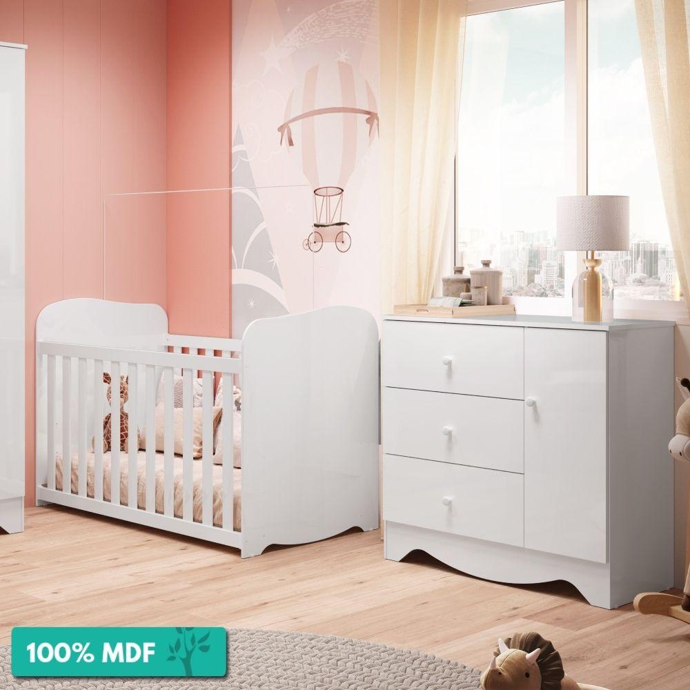 Quarto De Bebê 100% Mdf Com Cômoda Ben E Berço Uli Móveis Peroba Branco Brilho