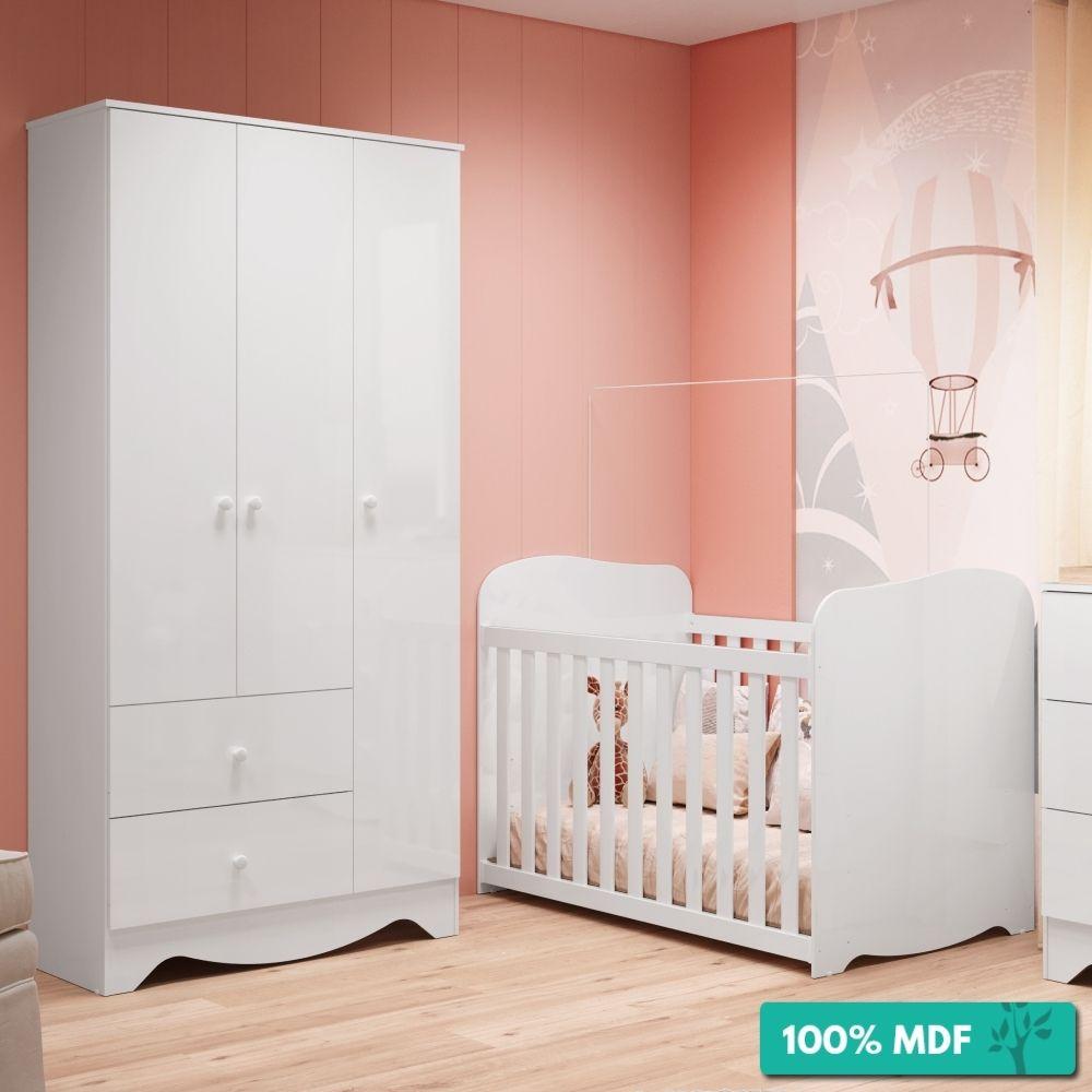 Quarto De Bebê 100% Mdf Com Guarda-roupa Ben E Berço Uli Móveis Peroba Branco Brilho