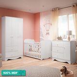 Quarto De Bebê Completo 100% Mdf C/ Guarda-roupa Cômoda Ben E Berço Uli Móveis Peroba Branco Brilho