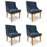 Kit 4 Cadeiras Estofadas Para Sala De Jantar Base Fixa De Madeira Castanho Lia Suede Azul Marinho -