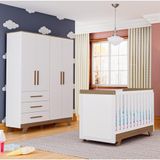 Quarto De Bebê Com Guarda Roupa 4 Portas E 4 Gavetas Com E Berço Retrô Moveis Peroba Branco Brilho/carvalho