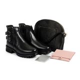 Bota Feminina Couro Legítimo CalçadoNet 22003 Preto + Bolsa Preta + Carteira Rosê + Espelho