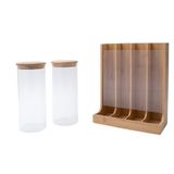 Kit Com 2 Potes De Vidro Com Tampa De Bambu 800ml E Porta Cápsulas De Bambu - Oikos