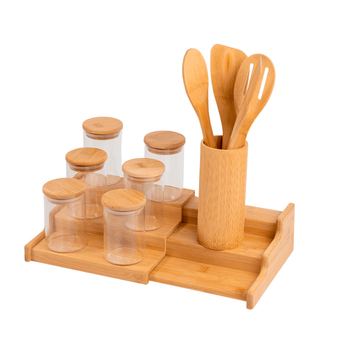 Kit 6 Potes Hermético 250ml Com Tampa De Bambu, Rack Organizador De Bambu  E 4 Utensílios De Bambu - Oikos