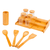 Kit 6 Potes Hermético 200ml Com Tampa De Bambu, Rack Organizador De Bambu  E 4 Utensílios De Bambu - Oikos