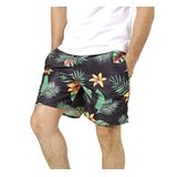 Short Masculino Preto Verde Vermelho Praia Floral Folhas Poliéster Com Bolsos