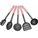 Kit 5 Utensílios De Cozinha Rosa Colher Concha Espátula Pegador Escumadeira Cinquetti