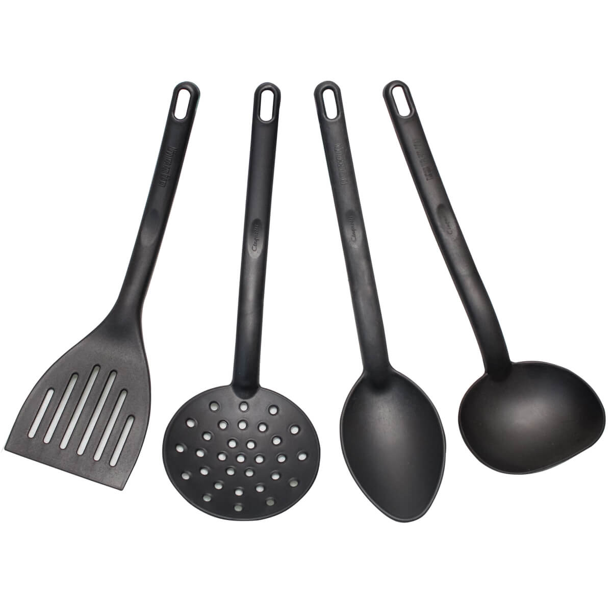 Conjunto 4 Utensílios De Cozinha Plástico Preto Colher Concha Escumadeira Espátula