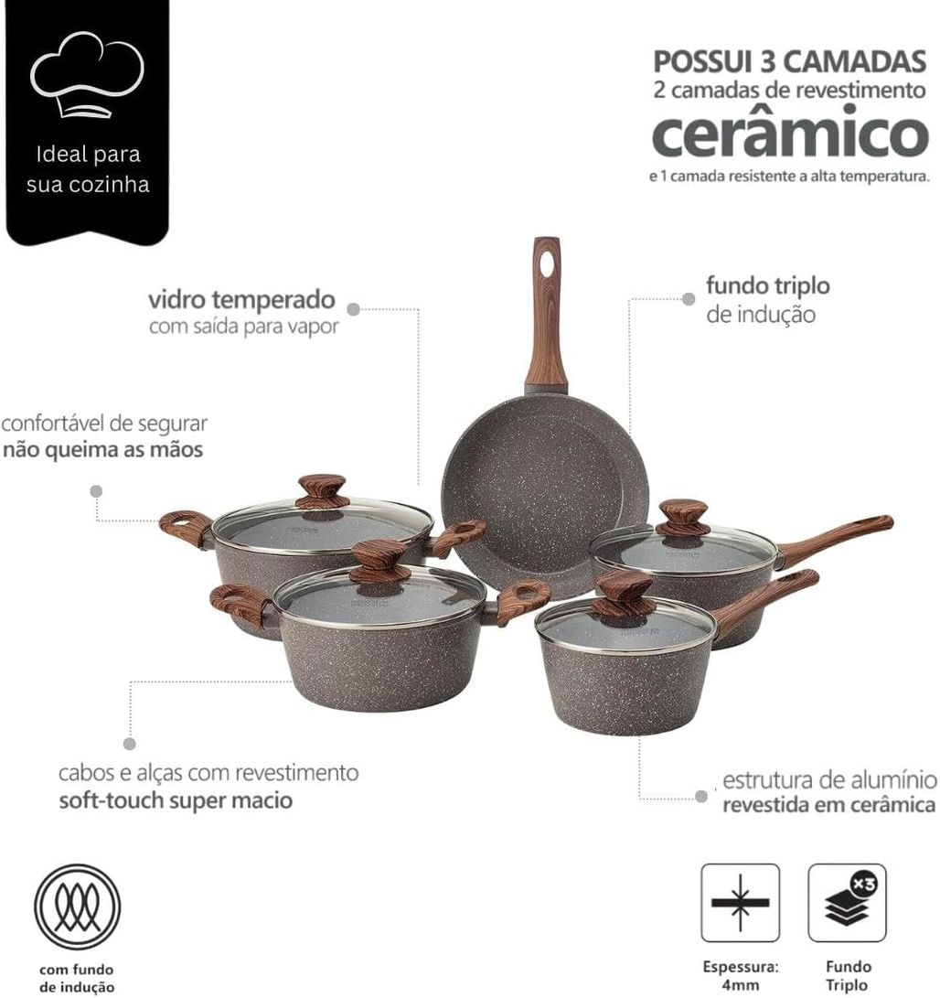 Conjunto De Panelas Ceramica Antiaderente Fundo Triplo Indução Com