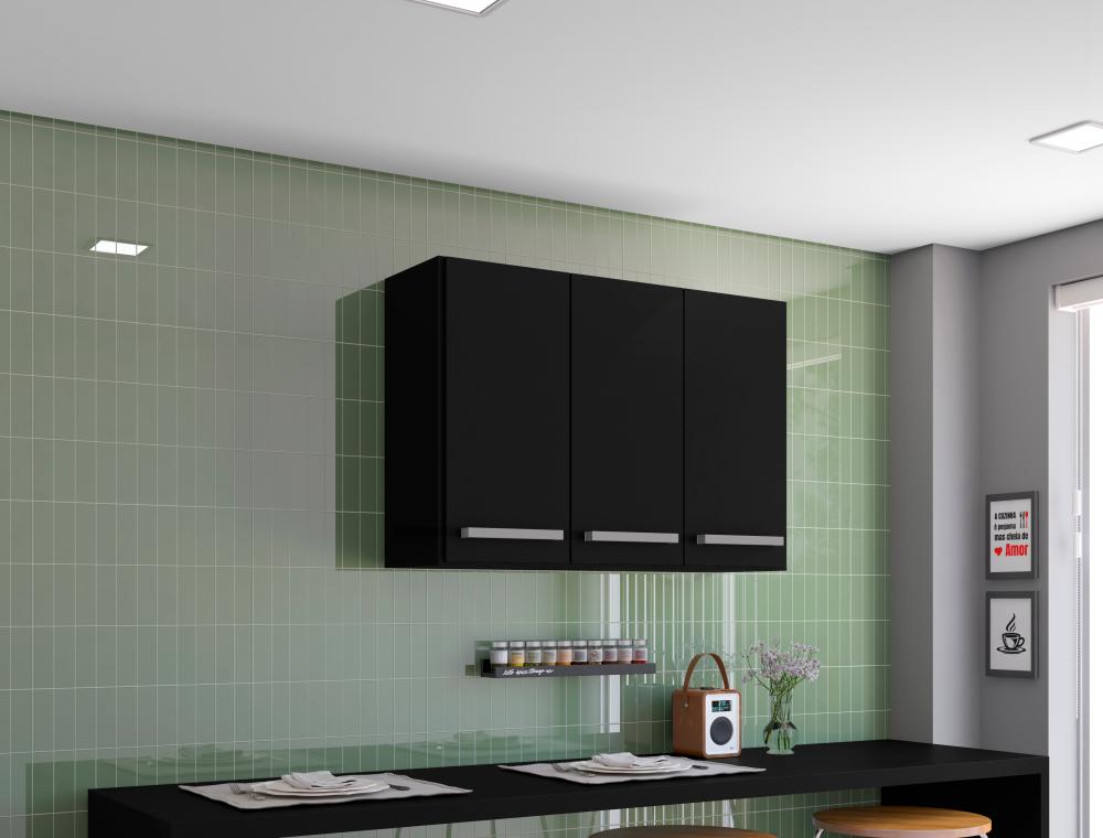 Armario Aereo Suspenso De Parede 3 Portas Preto Catar Brienza Movelaria