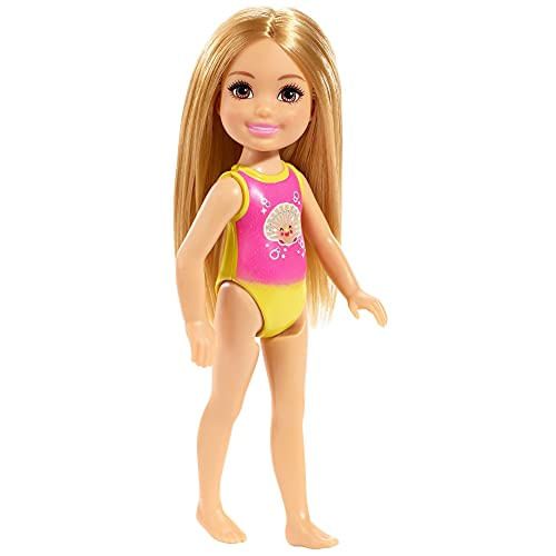 Boneca Barbie Chelsea Praia 6 Polegadas Maiô Rosa E Amarelo Concha