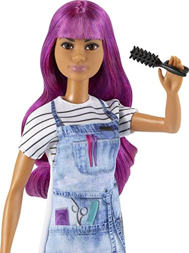 Boneca Barbie Salão Estilista 30cm+roxo+avental Tie-dye