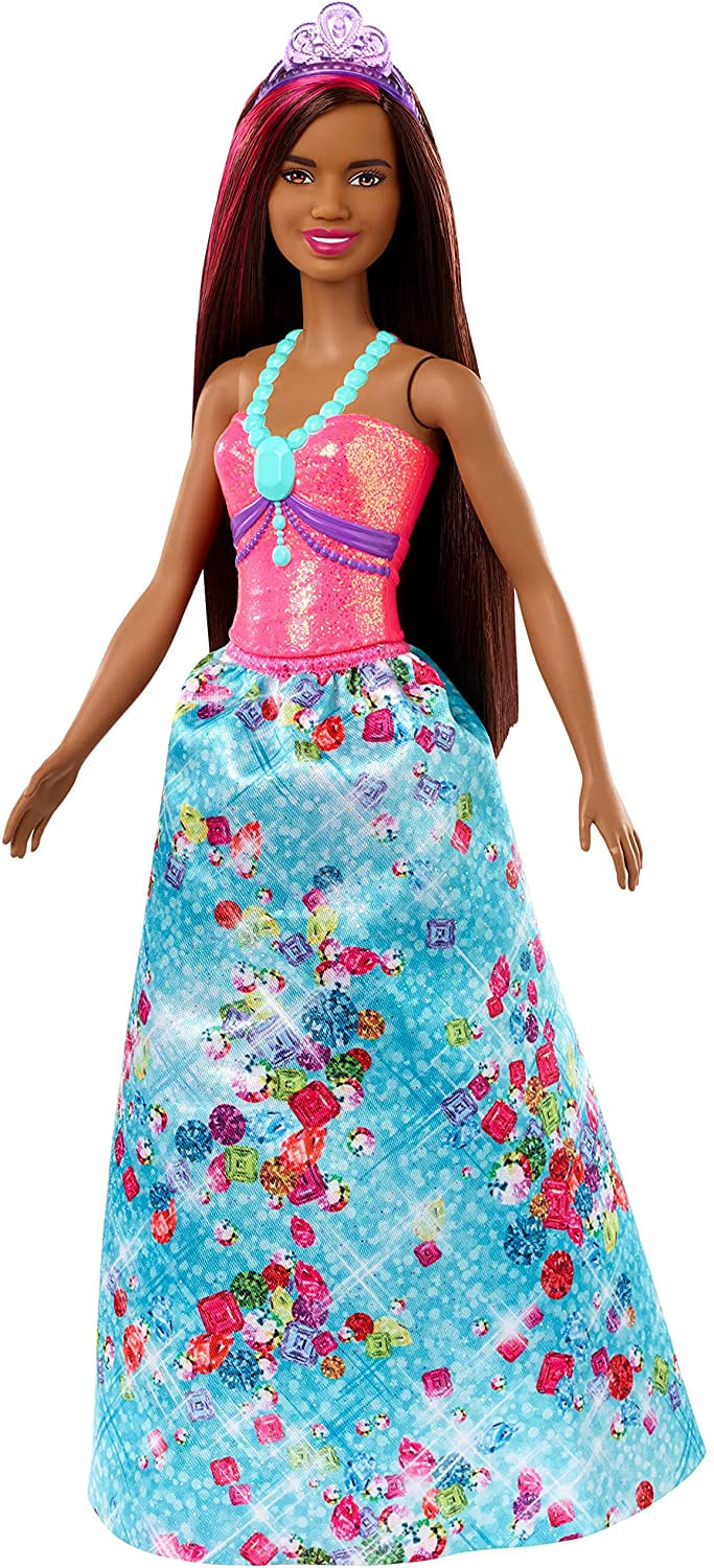 Barbie Princesa Sonho 12 Cabelo Castanho/rosa Saia Azul Tiara - 3-7 Anos