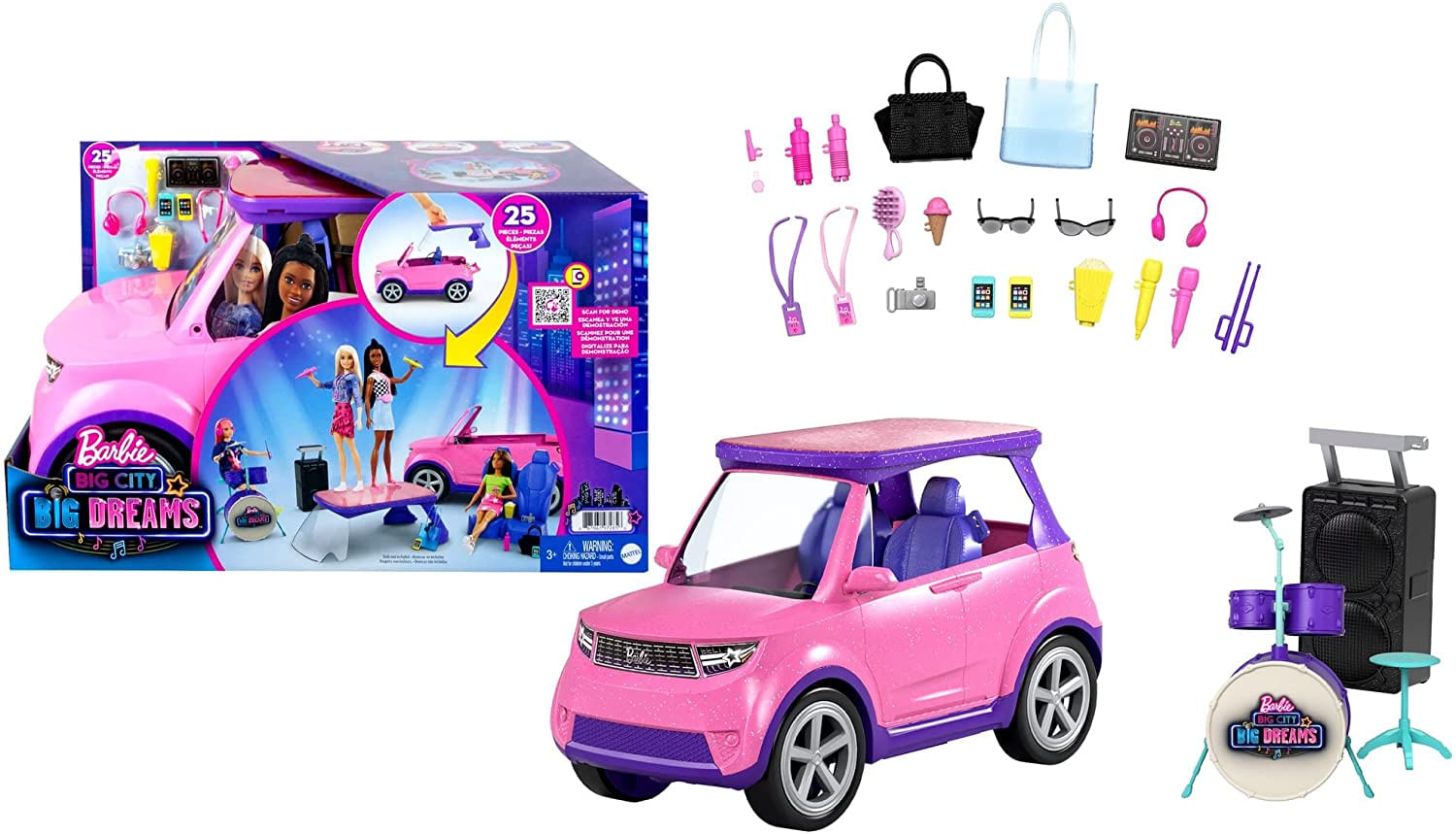 Barbie Suv Rosa 2 Lugares Com Palco Bateria &amp; Acessórios De Show Presente P/ Crianças De 3 A 7 Anos