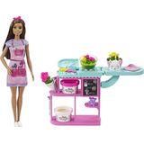 Playset Barbie Florista Com Boneca Morena - Estação Flores 3 Massas Molde 2 Vasos &amp; Ursinho - Presente Para 3+ Anos